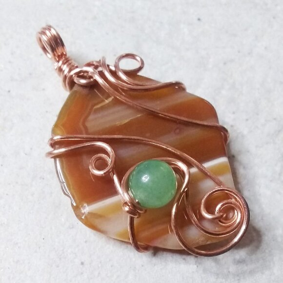 Sleek Copper Wire Wrap! Banded Agate + Green Aventurine Pendant - Casual Chic! - Picture 5 of 10